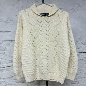 Vintage James River Traders Shawl Collar Cable Knit Sweater Cream 100% Wool
